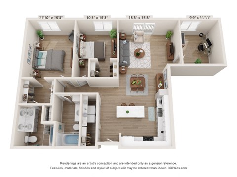 Floor plan for 2 beds, 2 baths, 1362 sqft
